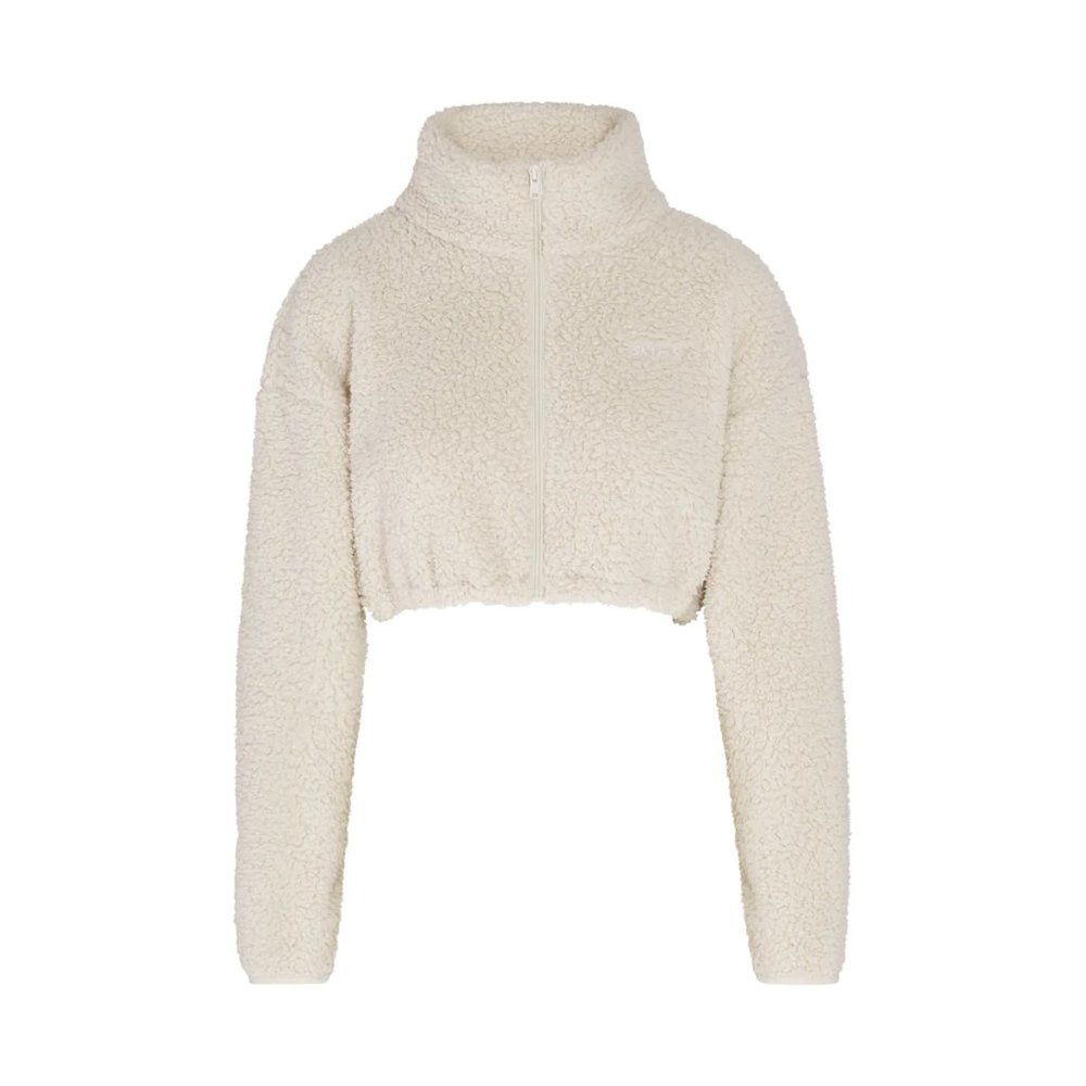 SKIMS TEDDY ZIP UP CROP JACKET in BONE, Size M
